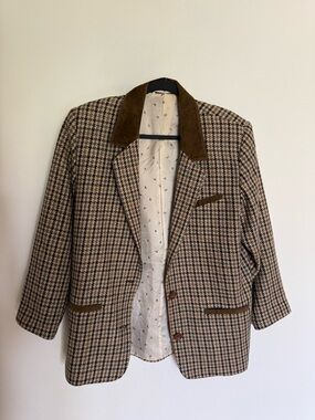 Vintage Houndstooth Oversized Wool Blazer with Brown Suede Collar